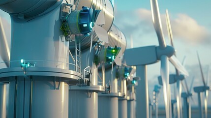 A realistic portrayal of a high-tech wind farm, where each turbine is linked to a sophisticated system for the production and storage of green hydrogen gas.