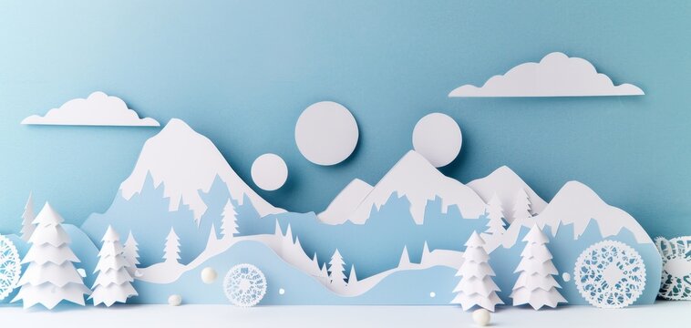 Winter Scene Papercut Artwork with Snowflakes.