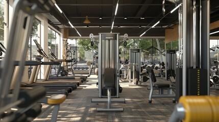 A realistic view of a high-tech gym with modern fitness equipment focused on bodybuilding and...