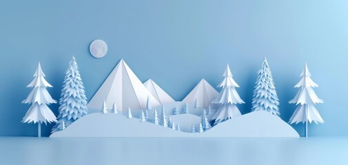 Blue Paper Winter Scene with Full Moon.