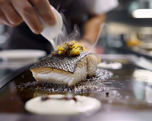 Opulent dining scene chef elevates sea bass with artistic precision - obrazy, fototapety, plakaty