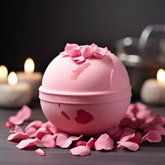 Pink bath bomb with rose pental in spa
