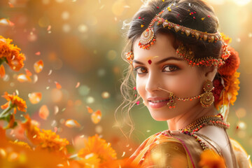 Beautiful indian woman wearing traditional indian costume saree and kundan jewelry on blurred background with copy space. Ugadi or Gudi Padwa celebration. Hindu New Year. Religion and ethnic concept - Powered by Adobe