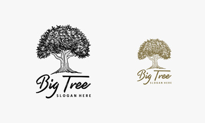 hand drawn Old Big Tree Silhouette Logo Design Vector Image