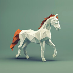 Stylized low poly illustration of a horse with geometric shapes on a teal background.