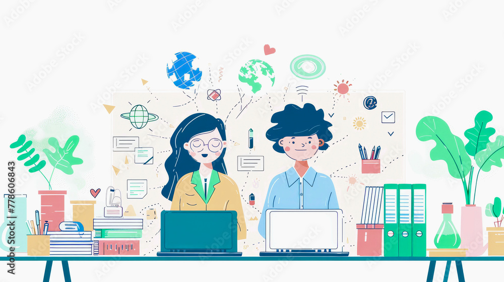 Poster two animated characters with laptops amidst icons representing creativity, communication, and enviro