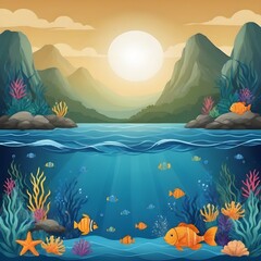 land and sea themed background sun mountains fish coral