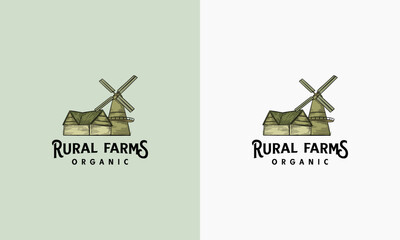 Hand drawn Farm House concept logo. Template with farm landscape. Label for natural farm products.