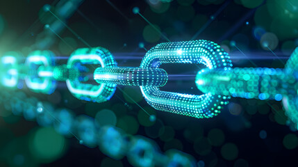 A blockchain protocol, neon light blue and green with white space.