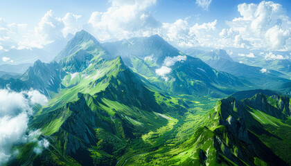 Majestic green mountain range with lush valleys under a bright blue sky dotted with fluffy white clouds.