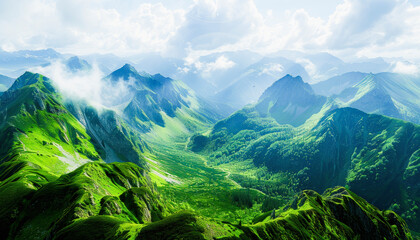 Lush green mountainous landscape with rolling hills, valleys, and patches of mist under a bright blue sky with clouds.