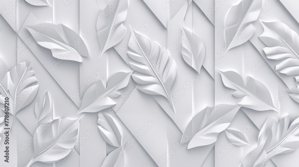 Poster a seamless pattern of white 3d tiles with geometric leaf designs, creating an elegant and modern tex