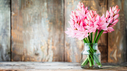 A glass jar of pink lilies on a rustic wooden table against an aged wooden backdrop.