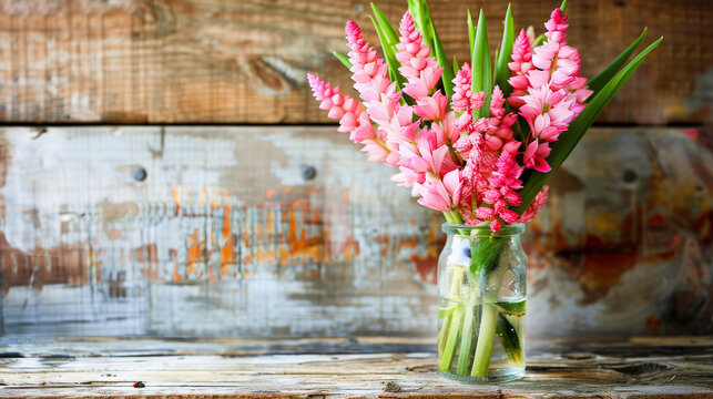 A bouquet of pink ginger flowers in a glass jar on a rustic wooden table with a distressed painted backdrop.
