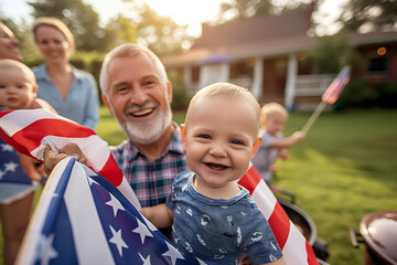 Happy loving family with seniors and baby holding American USA Flag draped over shoulders on backyard of typical American house at sunny day. Family celebrates 4 July Independence Day