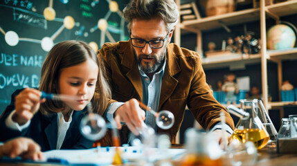 Adult and child conducting a science experiment with laboratory equipment, surrounded by a chalkboard with chemical formulas. - obrazy, fototapety, plakaty
