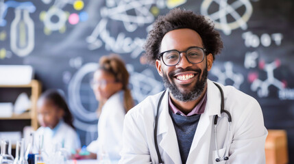 A smiling male scientist in a lab coat with goggles in a laboratory setting, with colleagues working in the background. - obrazy, fototapety, plakaty