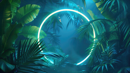 Fototapeta na wymiar Green and Blue Neon Light with Tropical Leaves Generative AI