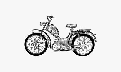 Vector illustration, hand drawn sketched motorcycle isolated on white background. Black line fashion art for t-shirt print or temporary tattoo. Cute motorbyke (motor byke, moped) engraving icon