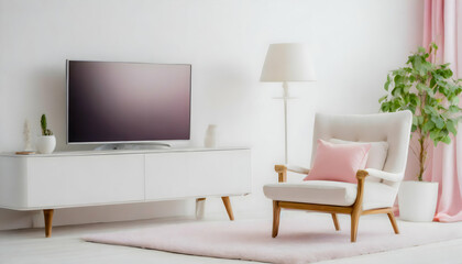Mockup a white TV with armchair in living room with a white wall on digital art concept, Generative AI.