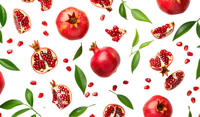  pomegranate fruit with leaves on white background