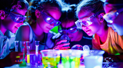 Children wearing safety goggles conducting colorful science experiments under ultraviolet light, expressing curiosity and engagement.