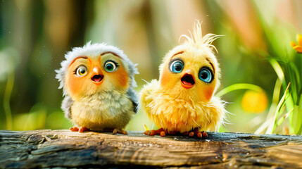 Two animated baby birds with expressive eyes standing on a log in a bright, colorful forest setting. - obrazy, fototapety, plakaty