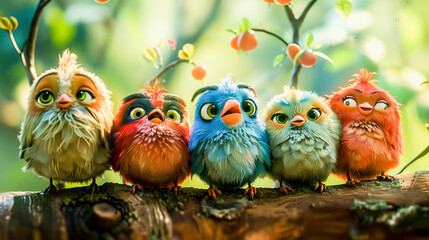 Five whimsical, colorful animated birds sitting on a log with a bright, natural background featuring small fruits or berries. - obrazy, fototapety, plakaty