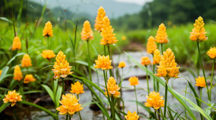 Fototapeta premium A field of vibrant yellow lupine flowers with lush greenery in a rainy, natural setting.