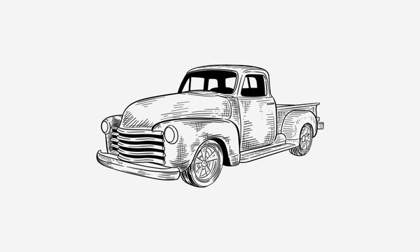 Fototapeta vintage truck sketch ink for poster, business card, cover book, collection art, art print. vector
