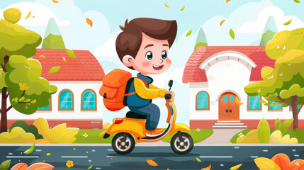Obraz na płótnie Canvas Illustration of a happy boy on a yellow scooter, riding by an autumnal school backdrop.