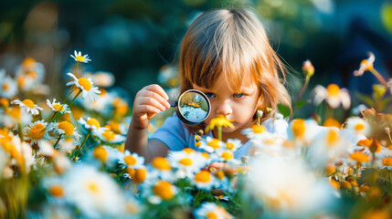 A curious child explores nature, peering through a magnifying glass at daisies in a sunlit field. Innocence meets discovery. - Powered by Adobe