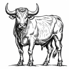 A high-contrast monochrome drawing of a bull with detailed line work and shading.