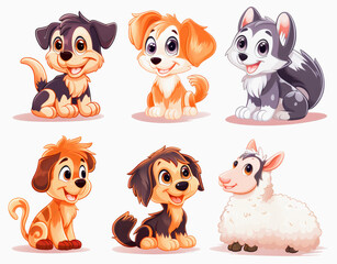Six cute cartoon animal characters: four puppies of different breeds and one smiling sheep, all with friendly and playful expressions.