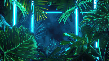 Green and Blue Neon Light with Tropical Leaves Generative AI