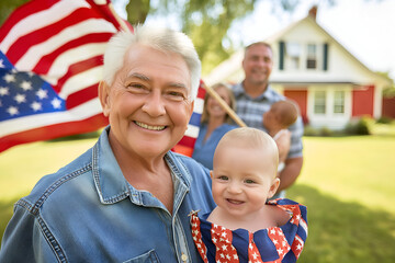 Happy loving family with seniors and baby holding American USA Flag draped over shoulders on backyard of typical American house at sunny day. Family celebrates 4 July Independence Day