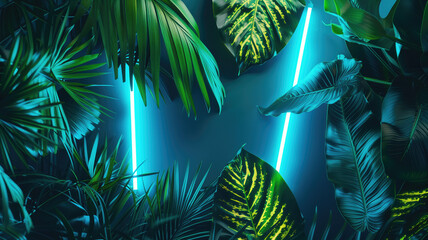 Green and Blue Neon Light with Tropical Leaves Generative AI