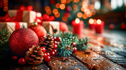 A festive Christmas scene with decorations, wrapped gifts, red ornaments, pine cones, and candles on a wooden surface with warm lighting.