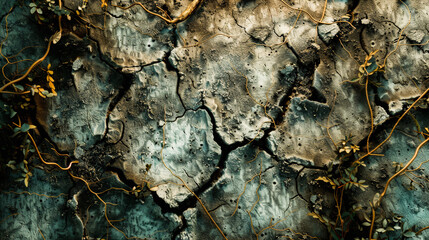Dry, cracked earth with sparse vegetation, exhibiting patterns of drought and environmental stress.
