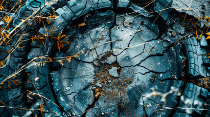 A close-up of an old, cracked tire lying on the ground with dry grass, illustrating abandonment and decay.