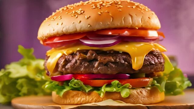 Big appetizing burger with meat cutlet, onion, vegetables, melted cheese, lettuce and mayonnaise sauce. Isolated hamburger rotates on dark smoke background, close-up view, 4k footage, slow mot