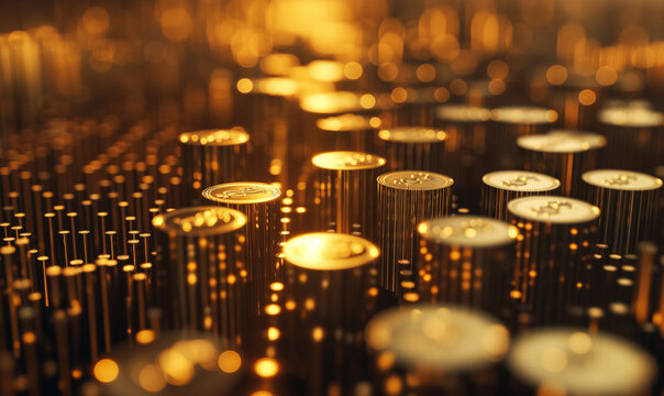 gold coins, golden light, bokeh effect.
