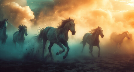 Group ofhorses in the field - obrazy, fototapety, plakaty