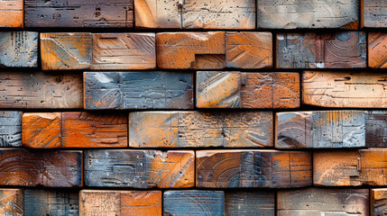 A textured wall composed of rectangular wooden blocks with varied burnt orange and brown tones, creating an abstract pattern.