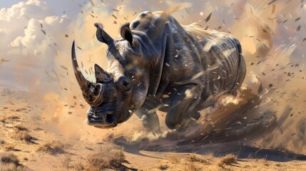 Rhinoceros running in the desert. - obrazy, fototapety, plakaty