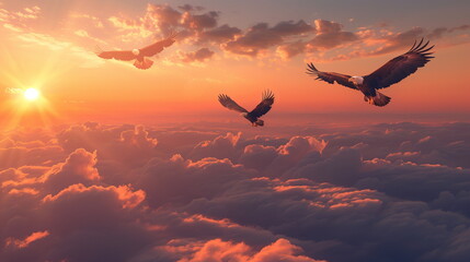 eagles flying on the sky with sunset background