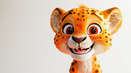 Digital art of a cheerful cartoon cheetah cub with bright orange eyes against a white background. - obrazy, fototapety, plakaty