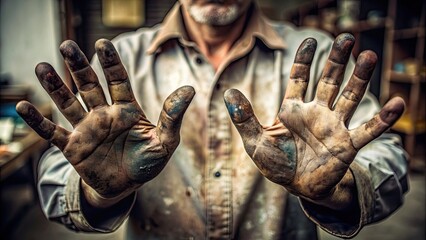 Close up of a dirty hands of an elderly craftsman. - obrazy, fototapety, plakaty