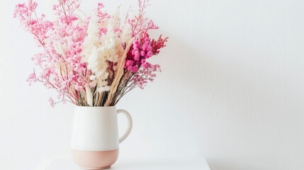 A vase of delicate pink and white dried flowers against a clean white background, evoking a serene and minimalist aesthetic.