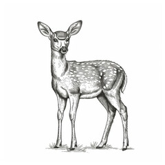 Intricate sketch of a young spotted deer standing on a white background.